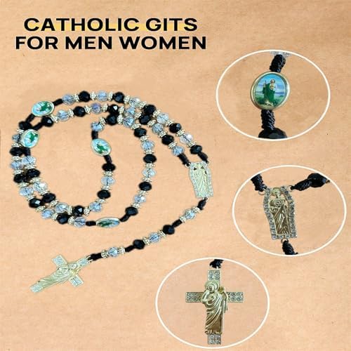 Exquisite Rosary Saint Jude Cross Pendant Mexican Necklace - Braided Cord Green Crystal beads Chain, Charm Accessories for Men and Women, Catholic St Jude Elegant Religious Jewelry Gift Idea