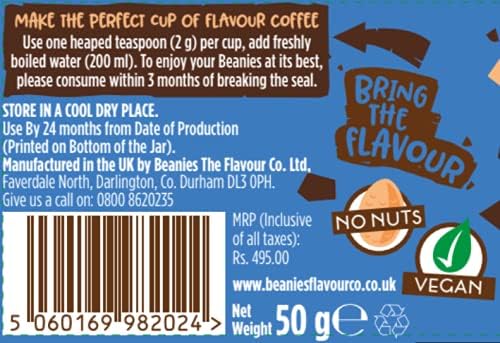 Beanies Flavour Instant Coffee -Nutty Hazelnut Instant Flavored Coffee, 50g Jar