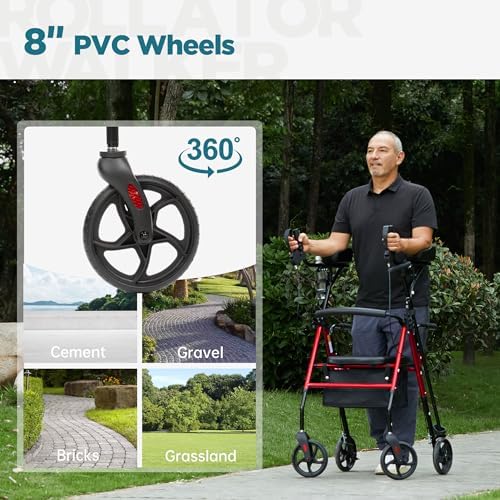 ELENKER Upright Walker, Stand Up Rollator Walker with Padded Seat and Backrest, Lightweight, Compact Folding, Fully Adjustment Frame for Seniors, Red