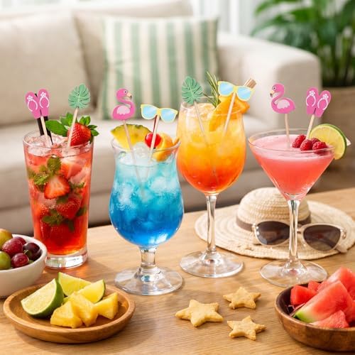 CHENGU 200 Pcs Summer Tropical Cocktail Picks Hawaiian Toothpicks Cupcake Toppers Beach Flamingo Palm Leaf Bamboo Fruit Sticks Cocktail Skewers for Appetizers Food Drinks Luau Party Decoration