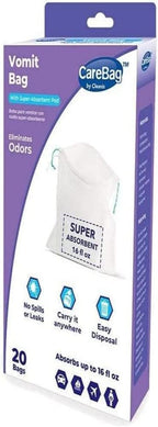 The Original Carebag Emesis Bag with Super Absorbent Pouch- Absorbs 16 oz, No More Leaks and Splashes- Single Use- Reduces Odors- Easy Disposal, 20 Vomit Bags