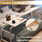 Overbed Desk with Wheels, Adjustable Height Over The Bed Table, King Queen Mobile Over Bed Desk, Overbed Table with Tiltable Tabletop for Laptop and Bedroom Work (White, 47 * 16IN Tiltable)