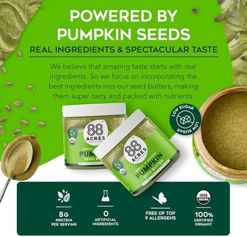 88 Acres Organic Pumpkin Seed Butter, 14 oz Jar, 2 Pack, Butter Spread with 8g Plant-Based Protein, Gluten Free, Nut Free, Vegan, Non-GMO