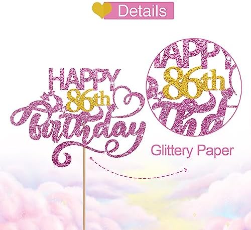 Pink Glitter Happy 86th Birthday Cake Topper, Eighty Six Years Old Birthday Party Cake Decor, Gold Number 86 Birthday Party Supplies Decorations for Man or Woman