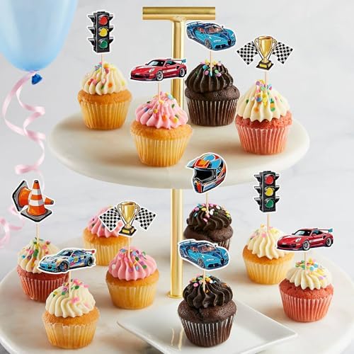 35PCS Race Car Cupcake Toppers Sparkling Trophy Flag Racing Cake Selected Racing Theme, Car Theme Party Supplies Baby Shower Boy Birthday Party Cake Decoration Supplie