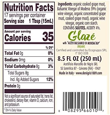 De Nigris Organic Glaze With Balsamic Vinegar Of Modena 8,5 Oz (250ml) | Balsamic Glaze with Balsamic Vinegar From Modena Italy | Organic Balsamic Vinegar Aged