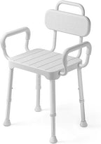 Shower Chair for Bathtub, Adjustable Height 15.7"–21.2" Bath Stool with Removable Backrest and Arms, Rust-Resistant Aluminum Frame, Non-Slip Rubber Feet, Supports 350 lbs， Neutral Gray