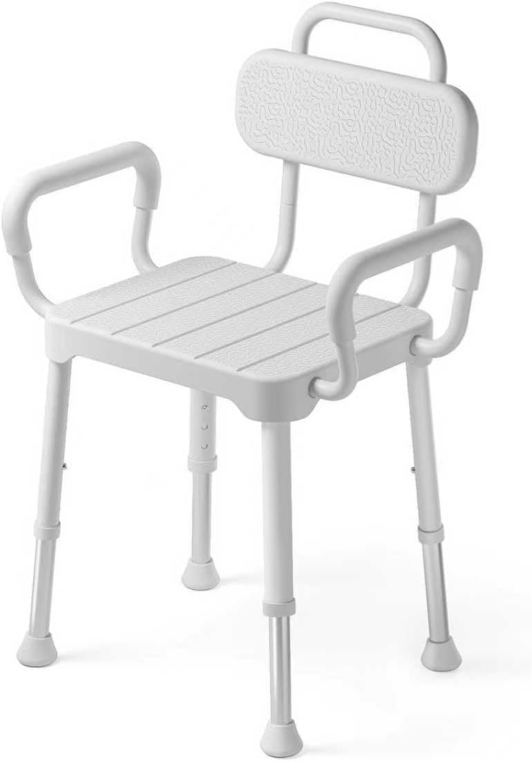 Shower Chair for Bathtub, Adjustable Height 15.7"–21.2" Bath Stool with Removable Backrest and Arms, Rust-Resistant Aluminum Frame, Non-Slip Rubber Feet, Supports 350 lbs， Neutral Gray