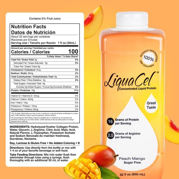 LiquaCel Concentrated Liquid Protein, Peach Mango Flavor, Ready-to-Drink, 16g Hydrolyzed Collagen Protein and 2.5g Arginine Per 1oz Serving, Sugar & Gluten Free, 32 fl oz Bottle