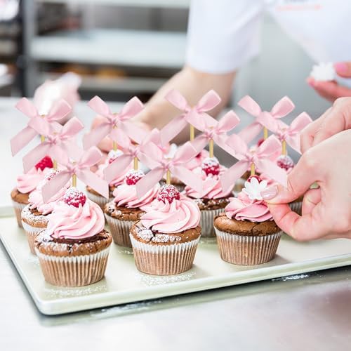 40Pcs Pink Bow Cupcake Toppers,Bow Cake Toppers for Pink Themed Birthday Party Decorations,Baby Shower and Wedding