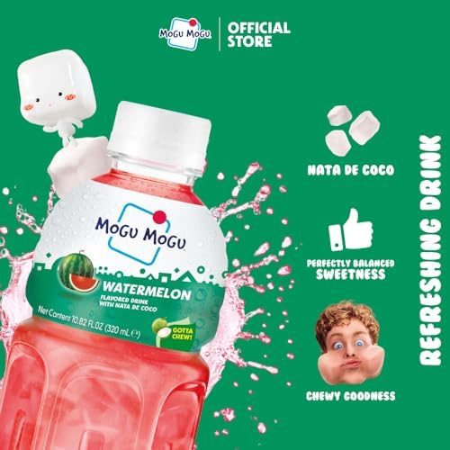 Mogu Mogu Watermelon Juice Drink with Nata de Coco (Coconut Jelly) – Chewy Fruit Beverage for Kids & Adults, 6 Pack Bottles, 10.82 fl oz Each