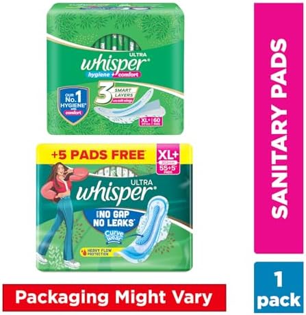 Whisper Ultra Clean Sanitary Pads for Women, XL Plus, Pack of 60 Napkins