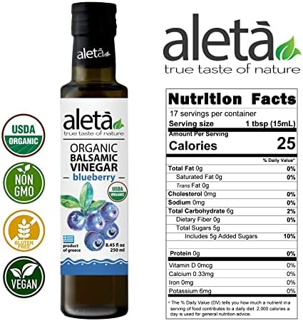 Aleta Farms Balsamic Vinegar, Greek Organic Blueberry Infused Aged Balsamic Vinegar, USDA Organic, Perfect for Salad Dressings, toast, Desserts, Glass Bottle, 8.45 fl oz (Blueberry)