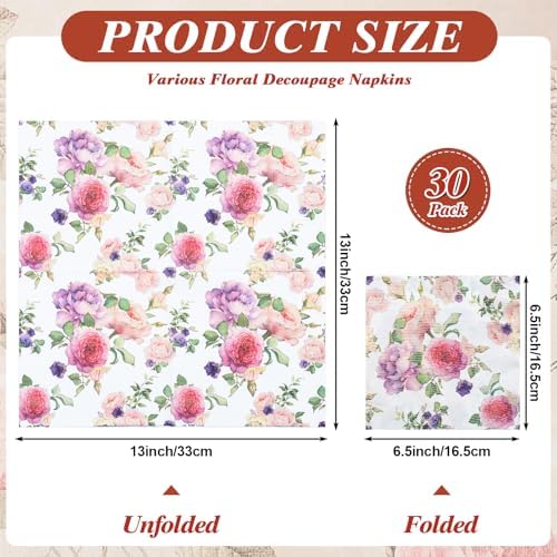 NatNarr 30 Pack Decoupage Napkins, 30 Styles Floral Paper Napkins Chinoiserie Decorative Decoupage Napkin Printed Cocktail Paper for Mother's Day DIY Crafting Spring Party 13 * 13 Inch
