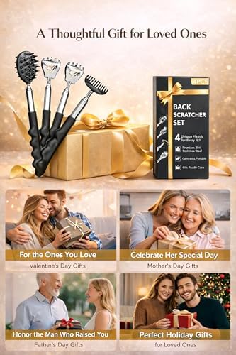 Gumry Versatile Back Scratcher - Portable Telescoping Extendable Back Massager Tool with Different Heads & Rubber Handles, Stocking Stuffers Birthday Gift for Men Fathers Dad Women - Black