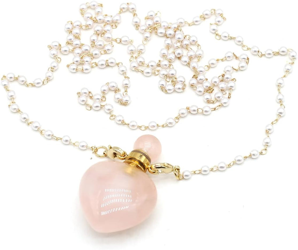 1pcs Natural Rose Quartz Stone Perfume Bottle Pendant Pearl Bead Chain Rectangle Heart Necklace for Women Jewelry Free Accessory Glasses