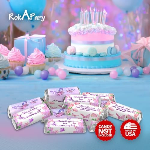 60 Butterfly Theme Mini Candy Bar Wrapper, Thank You Themed Miniatures Candy Bar Stickers, Birthday Decorations, Wedding, Baby Shower, Candy Not Included, Made in USA,