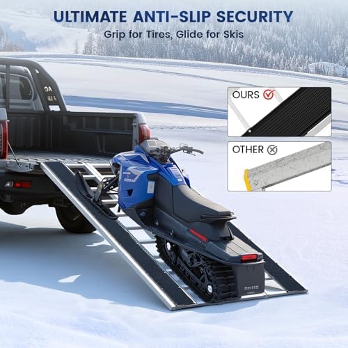 KROAK Aluminum Snowmobile Loading Ramp, 7.1 ft x 4.5 ft (85" x 54") Ultra-Wide Tri-Fold Ramp with Ski Guides, 1800LBS Max Capacity for Snowmobile ATV UTV Lawn Tractor