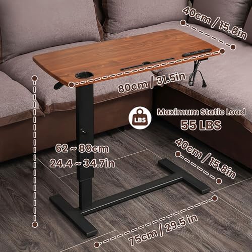Overbed Table with Hidden Wheels, Height Adjustable Hospital Overbed Bedside Table, Mobile Laptop Standing Desk with Cup Holder and USB, Hospital Home Use