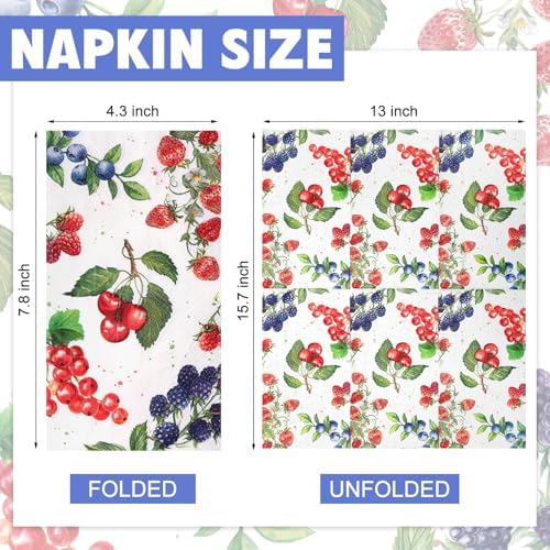Supervitae 50 Pack Summer Fruit Paper Guest Napkins 3 Ply Disposable Summer Berry Hand Towels Fruit Decorative Paper Bathroom Napkins for Baby Shower Birthday Holiday Table Home Party Supplies