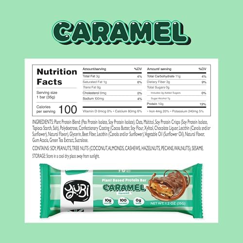YuBi Bars - Caramel Protein Bars - 100 Calories, 10g of Protein, 0g of Sugar, Low Carb, Palm Oil Free/Non-GMO, Gluten Free, Dairy Free, Healthy Snack, Non-GMO - 14.8oz (12 Pack, Caramel)