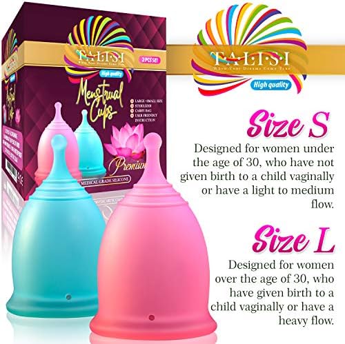 Talisi Menstrual Cups Set of 2 with Collapsible Silicone Foldable Sterilizing Cup - Tampon and Pad Alternative - Feminine Menstruation Soft Reusable Period Cup for Regular Heavy Flow with Sterilizer