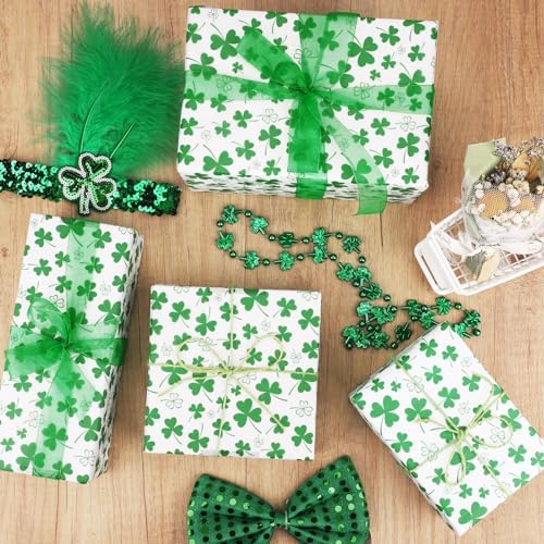 Linbystore 60 Sheets Green St. Patrick's Day Tissue Paper, Watercolor Shamrock Printed Tissue Paper for St. Patrick's Day Themed Birthday Wedding Baby Shower DIY Craft