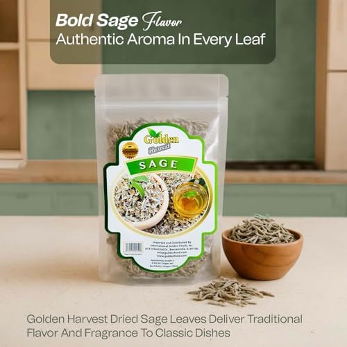 Golden Harvest Dried Sage Leaves 5.28 oz (150 g) | Premium All-Natural Whole Leaf Sage for Cooking, Poultry, Stuffing & Soups | Restaurant & Home Kitchen Herb | Non-GMO & Gluten-Free