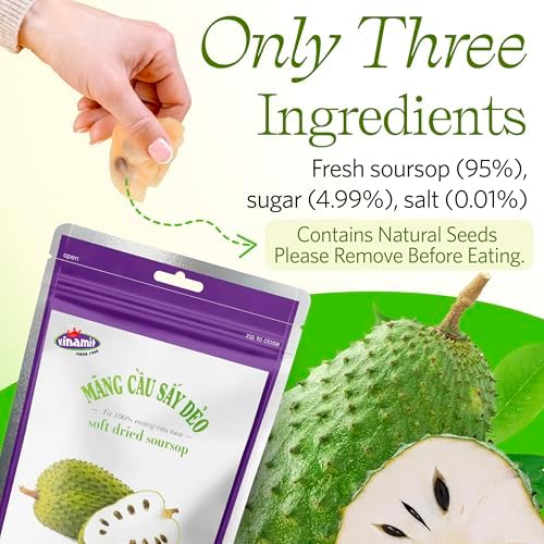 Vinamit Soft Dried Soursop | Soursop Fruit 3.5 oz bag | Natural Tropical Fruit Snack | Vegan, Gluten-Free, Non-GMO | High in Fiber, Ideal for Travel & Clean Eating | The Product Contains Seeds