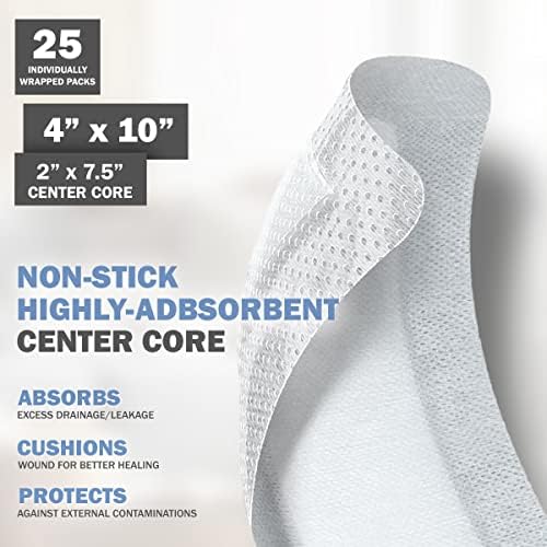 EVERLIT Island Dressing Bordered Gauze | Large Wound Care Bandage with Adhesive Border| Sterile, Soft & Highly Absorbent Medical Grade Dressing Pad (4x10 Inch (Pack of 25))
