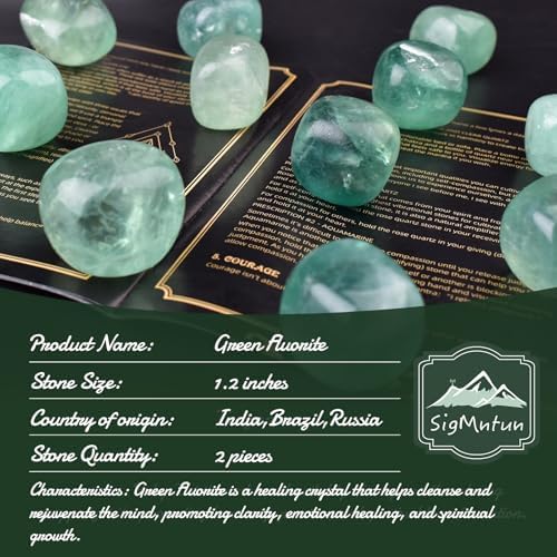 Super Large Polished Green Fluorite Healing Crystal Stones - 2 Pcs of 1.2" Worry Stone for Anxiety, Pocket Palm Gemstones Handpicked Natural Tumbled Rocks for Meditation, Reiki, Chakra, Home Decor