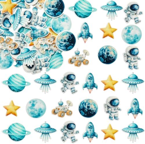 Gyufise 54Pcs Edible Space Astronaut Cupcake Toppers Edible Rice Paper Round Christmas Cake Topper Women Men Birthday Party Anniversary Party Decorations Supplies Blue
