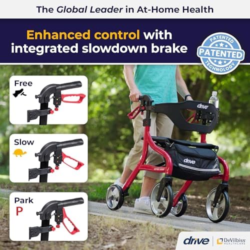 Drive Medical Nitro Sprint Foldable Rollator Walker with Seat - Lightweight Support - Large Wheels - Compact Folding Design - Adjustable Comfort - Standard Size - Red