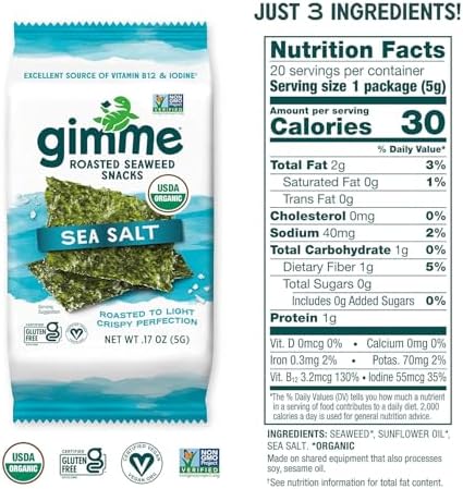 Gimme Seaweed Organic Premium Roasted Seaweed Snacks, Sea Salt, 20 Count, Keto, Vegan, Gluten-Free, Great Source of Omega3s and Iodine, Healthy On-The-Go Snack for Kids and Adults