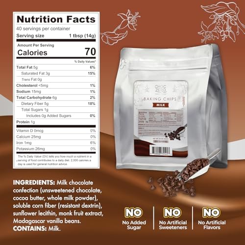 ChocZero Milk Chocolate Chips, No Added Sugar, Keto & Low Carb, Gluten Free, No Sugar Alcohols, 20 oz Bag for Baking & Desserts