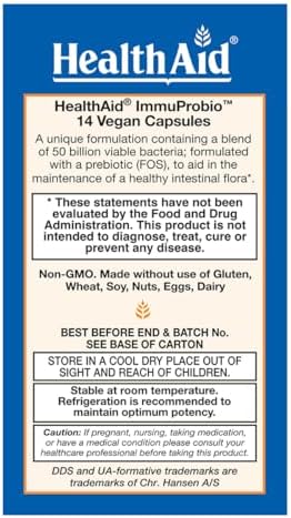 HealthAid ImmuProbio – Once-Daily 50 Billion CFU Probiotic with Prebiotic Fiber (FOS) | 30 Strains Including DDS‑1 | Acid & Bile Resistant, Room‑Temperature Stable, Vegan – 14 Capsules