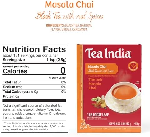 Tea India Masala Loose Leaf Chai Tea Flavorful Blend Of Black Tea & Natural Ingredients Strong Full-Bodied Traditional Indian Caffeinated Tea 1LB
