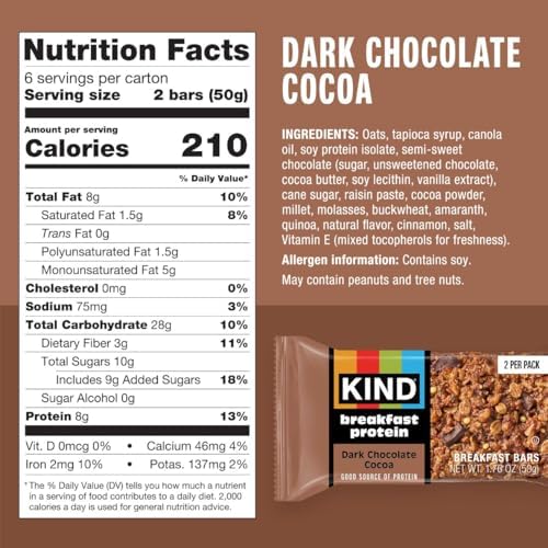 KIND Breakfast Protein Bars, Dark Chocolate Cocoa, Gluten Free, Low Sodium, Healthy Snacks, 8g Protein, 6 Count (6 Packs of 2 Bars)