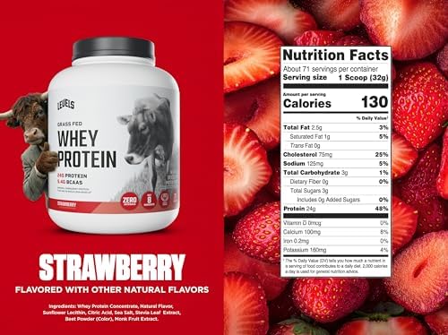 Levels Grass Fed Whey Protein Powder, No Artificials, 24G of Protein, Strawberry, 5LB