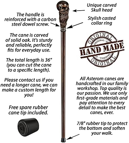 Asterom Bearded Skull Head - Handmade Wooden Carved Walking Cane for Men and Women - Unique Steampunk Walking Stick