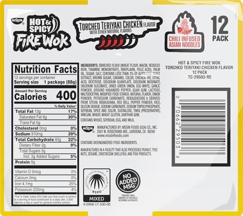 Nissin Fire Wok, Torched Teriyaki Chicken, Hot & Spicy Chile Infused Asian Noodles, 3.10 Ounce (Pack of 12)