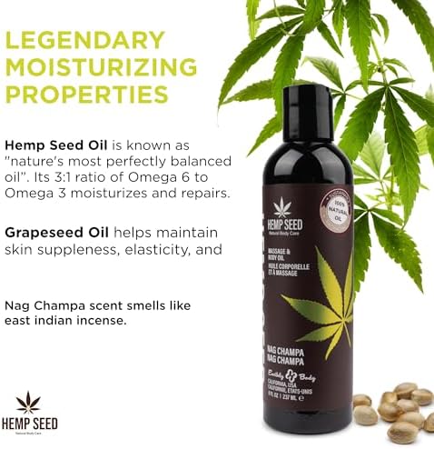 Hemp Seed Massage & Body Oil - 8 fl. oz. - Nourishing, Moisturizing Massage Oil - Hemp Seed, Apricot, Grapeseed & Sweet Almond Oil - Vegan & Cruelty Free