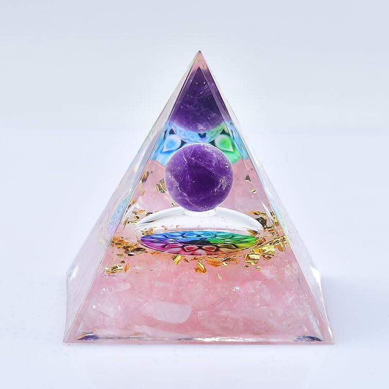 1.969in Rose Quartz Orgone Pyramid with Amethyst Sphere, Chakra Design & Gold Flakes - Crystal Energy Healing Spiritual Home Decor