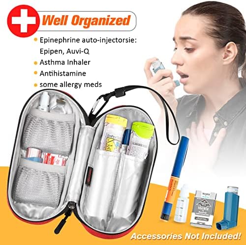 SITHON EpiPen Medical Carrying Case Insulated, Travel Medication Organizer Bag Emergency Medical Pouch Holds 2 EpiPens, Asthma Inhaler, Anti-Histamine, Auvi-Q, Allergy Medicine Essentials, Red