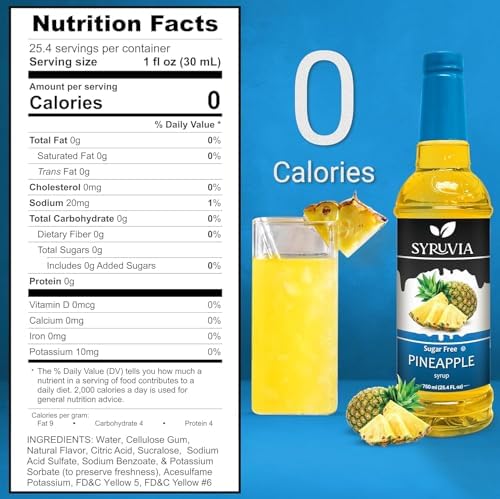 Syruvia Sugar-Free Pineapple Syrup, Flavored Syrup for Drinks, Cocktails, Lemonades, Iced Teas, and Desserts – 25.4 fl oz