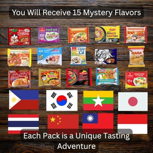 Ramen Noodles from Around the World International Snack Box Variety Pack, 15 Instant Noodles, Japanese, Filipino, Thai, Vietnamese, with Chopsticks and Sticker