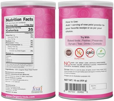 Organic Veda Edible Rose Petal Powder - Rose Petal Powder for Cooking, Herbal Tea, Smoothies, Toppings - Natural Rose powder for DIY Face Masks, Skin & Hair Care - Vegan, No Gluten (16 oz)