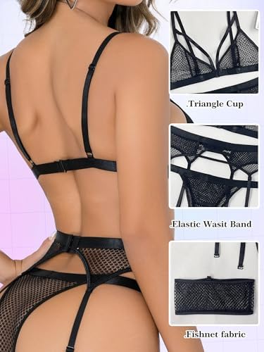 popiv Women's Sexy Lingerie Set with Garter Belt Matching Bra and Panty Lingeries Sets 4 Piece
