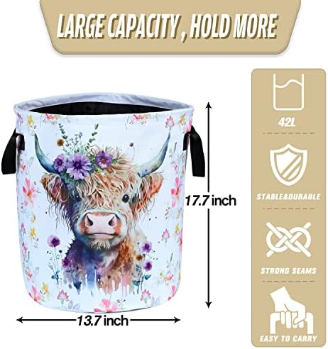 Highland Cow Laundry Basket Foldable Waterproof Oxford Cloth Funny Tote Bag Laundry Hamper Clothes Storage Bucket Toy Organizer For Bathroom/Laundry Storage/Bedroom Storage Basket 17.7x13.7 Inch