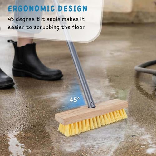 Floor Scrubber Brush with Long Handle for Deck Cleaning, 52'' Stiff Bristle Scrub Broom for Shower, Bathroom, Boat, Concrete, Carpet, Garage